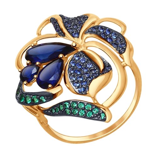 Кольцо из золота с корундами сапфировыми (синт.), зелеными и синими фианитами - 714708 - www.rosglam.ru